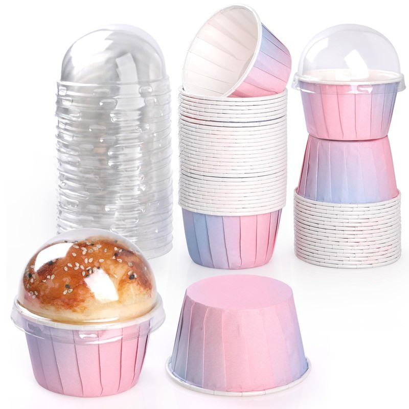 50 PCS Gradient Color Cupcake Liners Paper With Lid Foil Metallic Baking