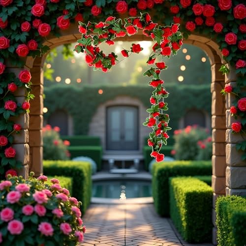 Red Artificial Rose Fake Flower Garland,Peony Vine Flowers Garland Hanging gallery