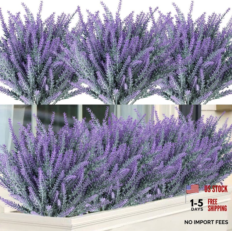 Artificial Lavender Fake Flowers Faux Plastic Plants Gray Purple 12 Bundles