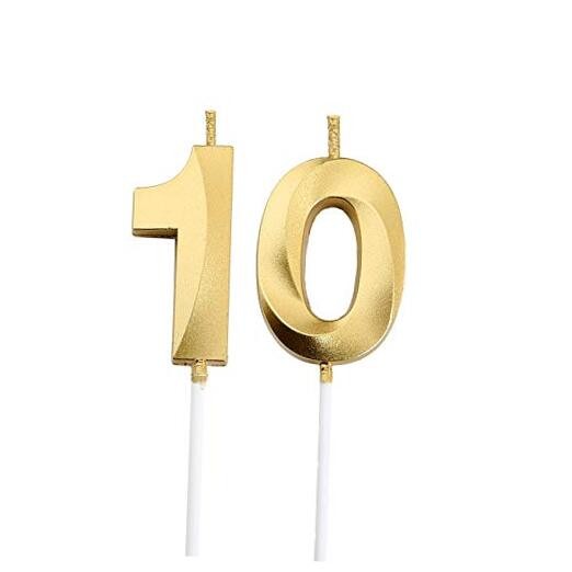 10th Birthday Candles,Number 10 Cake Topper for Birthday Decorations Party Gold
