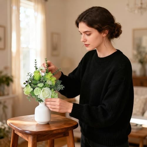 Small Artificial Flowers in Ceramic Vase, Faux Flower Bouquet for White+green gallery