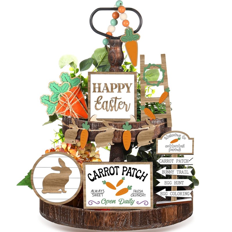 12 Pcs Easter Tiered Tray Decor Wooden Carrot Patch Bunny Egg Tiered Tray Items