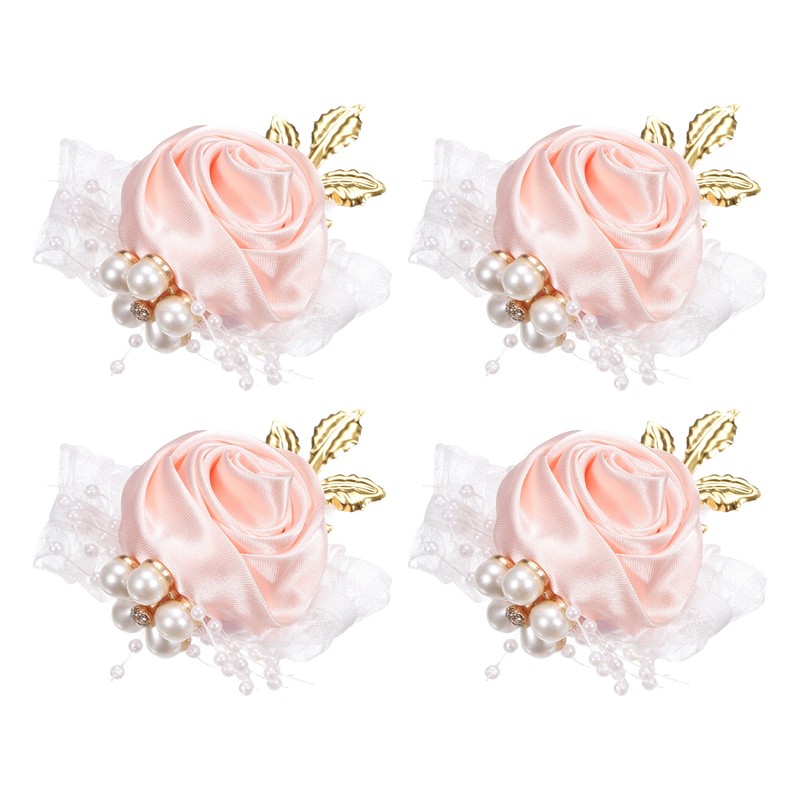 4pcs Wrist Corsage Artificial Flower Bracelets Rose Decorative 7x7cm Pink