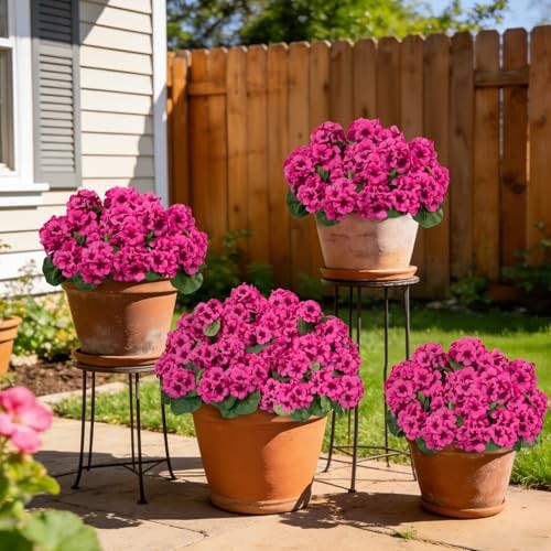 8 Pcs 17" Artificial Geranium Flowers for Outdoors, Fake Silk Flowers Fuchsia gallery