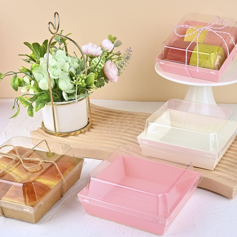 Pink Paper Charcuterie Boxes Clear Lids 5 Inch Square Cake Slice 50 PCS gallery
