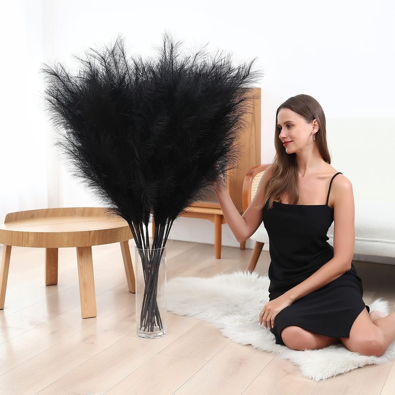 8 Pcs 45" Tall Faux Black Pampas Grass Decor - Large Artificial Pompous Stems gallery