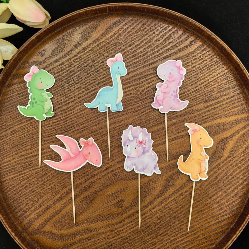 36 Pcs Pink Dinosaur Cupcake Toppers - Dino Cake Toppers for Girls Birthday, gallery