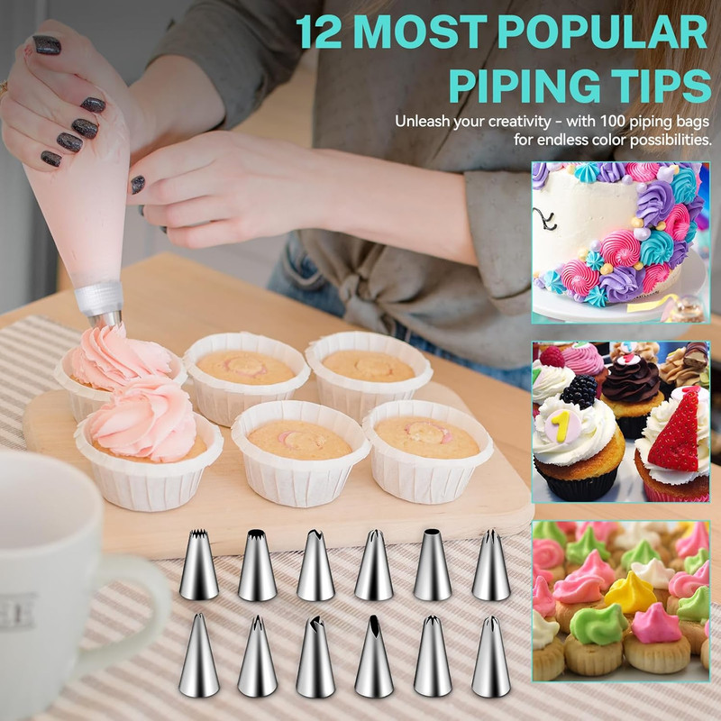 Piping Bags and Tips Set, 120 Pcs Cake Decorating Kit with 100Pcs 12 Inch Dispos gallery
