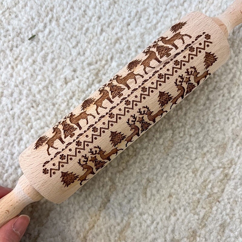14in NEW Christmas Reindeer Trees Wooden Rolling Pin Engraved Rolling Pin gallery