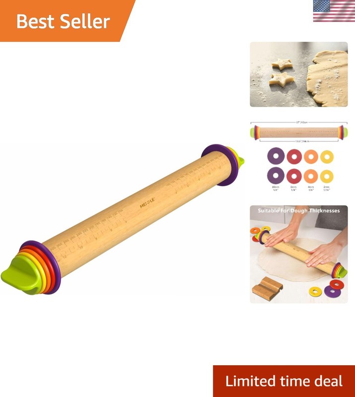 Adjustable 13.6” Beech Wood Rolling Pin with Thickness Rings for Perfect Baking