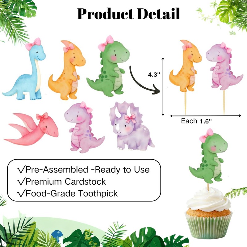 36 Pcs Pink Dinosaur Cupcake Toppers - Dino Cake Toppers for Girls Birthday, gallery