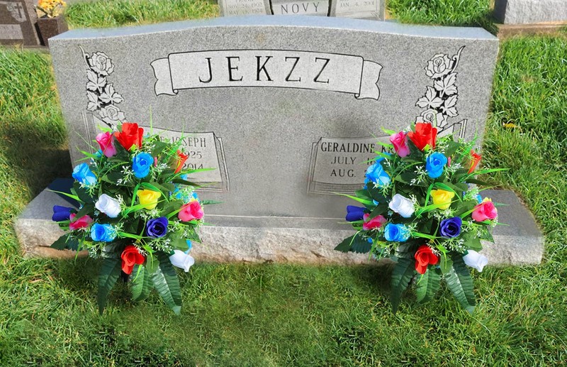 LVXINLI 2 Sets Artificial Cemetery Flowers Roses w/Vases, Outdoor Grave Decor gallery
