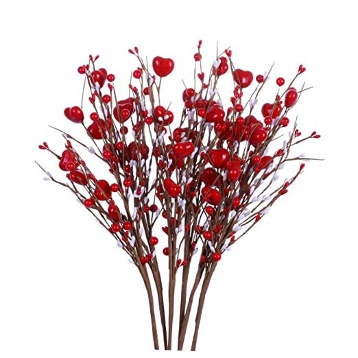 Valentine’s Day Gifts,6 Pcs Artificial Berry Flower Stems Heart Shaped Red