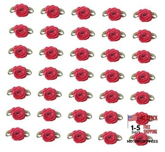 50 Pcs Satin Roses with Green Leaves Mini Cute Ribbon Bows Fabric Red