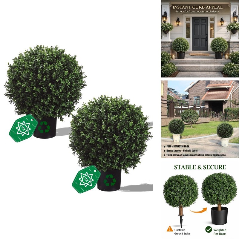 Qaouiep Real Touch Leaves Artificial Topiary Trees 24 T 17 W Faux Boxwood Set