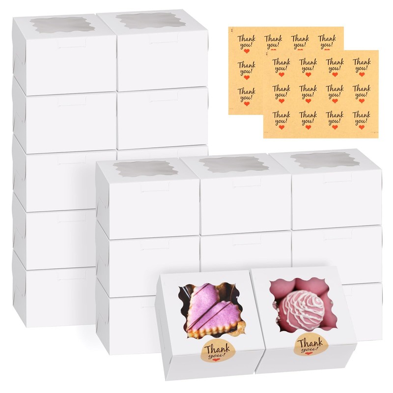 48pcs White Cookie Boxes, 4x4x2.5 Inches Bakery Boxes with Window, for Mini C…