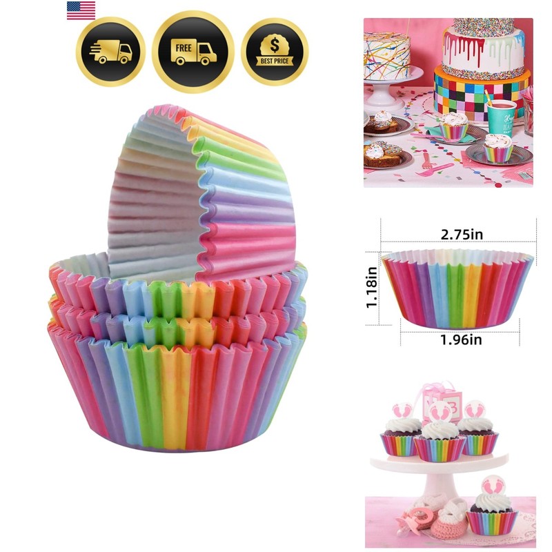 100 Pack Rainbow Cupcake Liners – Greaseproof Standard Size for All Occasions