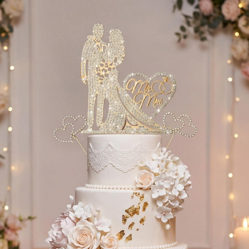 3 Pack Wedding Cake Topper Mr and Mrs, Rhinestone Bride and Groom Cake Topper