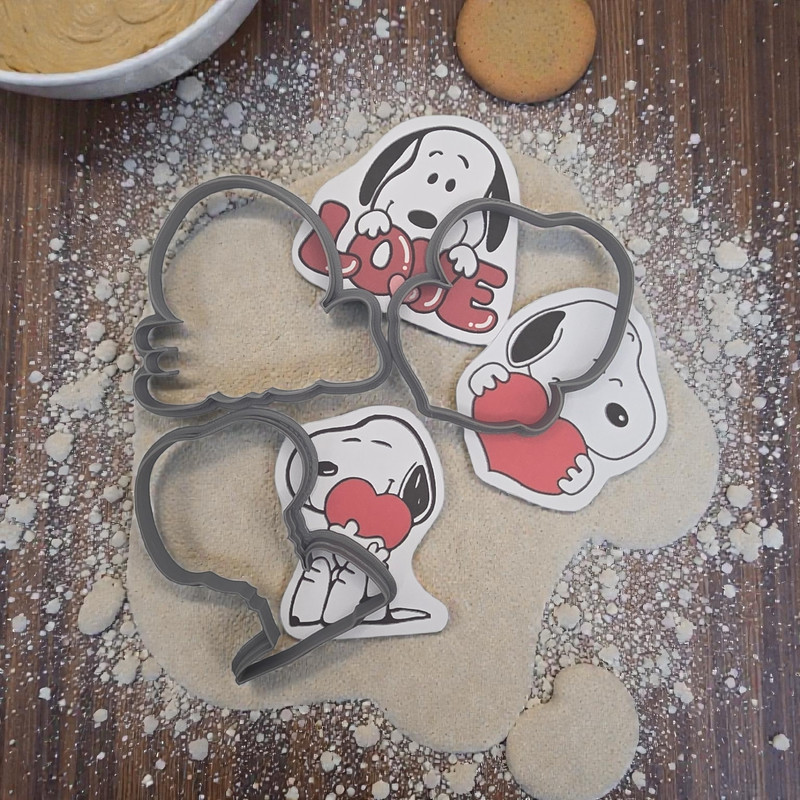 Snoopy Themed Valentines Cutter Set of 3 Holding Hearts and on a Love Sign
