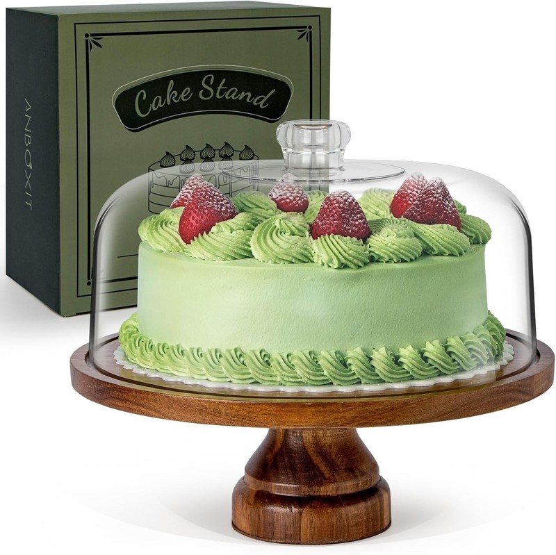 Acacia Wood Cake Stand with Acrylic Dome Lid Footed Display