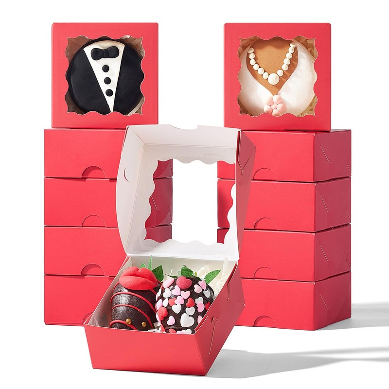 100 Pack 3¼” x 3 ¼” x 1 ½” Red Window Bakery Boxes – Small Dessert Gift Box f…