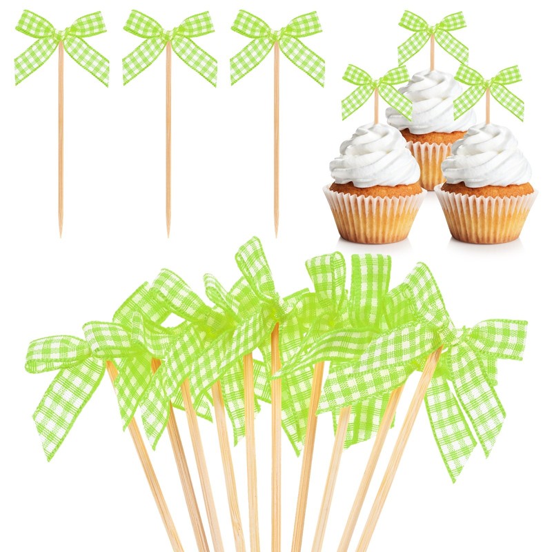 60Pcs Bow Cupcake Toppers, Ribbon Bow Cake Toppers for Cake Decor [Fruit Green]
