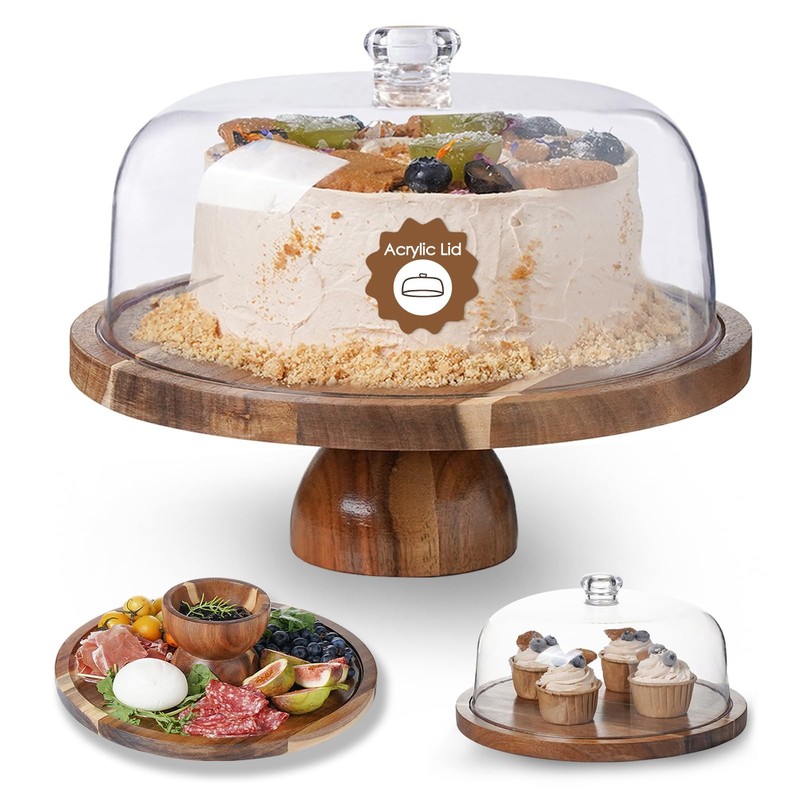Acacia Wood Cake Stand with Acrylic Lid – 12in Cake Plate, Multi-Functional D…