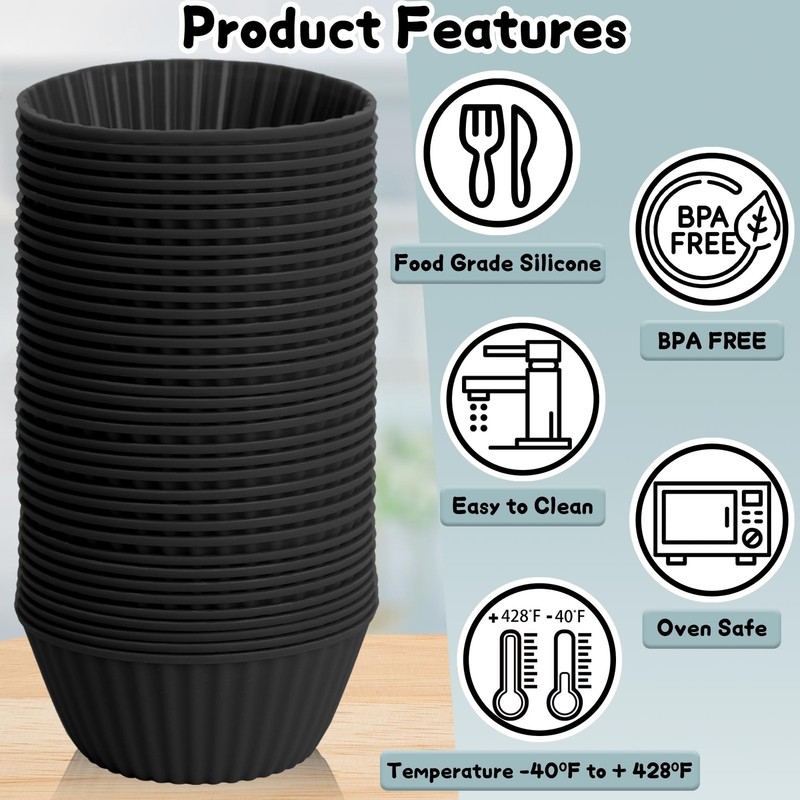 24 Pack Reusable Silicone Cupcake Liners Black 2.76 Inch Muffin Cups Non-Stick gallery