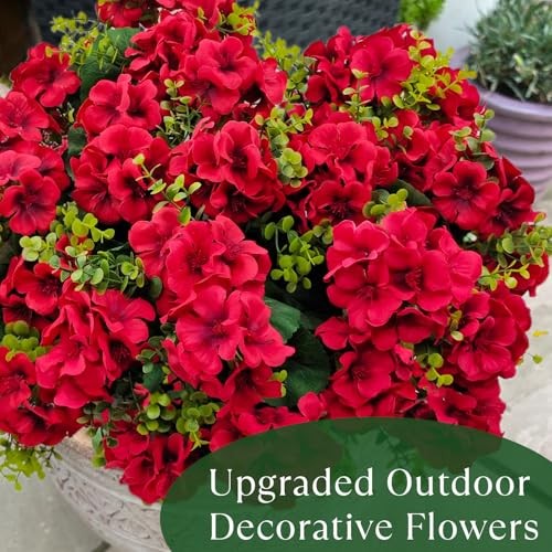 Artificial Geranium Flowers for Outdoor Decoration, 6 Bundles UV Resistant Red gallery