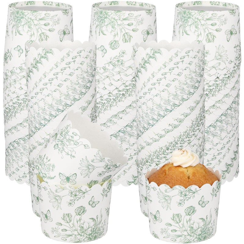 150 Pcs Sage Green Floral Cupcake Wrappers Liners Chinoiserie Green Wildflowe...