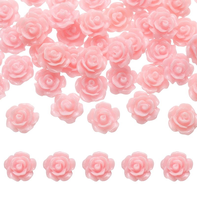 50 Pcs Pink Resin Rose Flower Beads, 10mm Flatback Flower Charm
