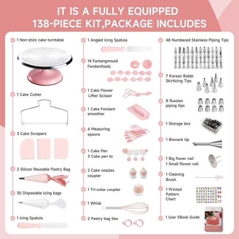138pcs Cake Decorating Kit - Turntable, 64 Icing Tips, Spatulas, Piping Bags & T gallery