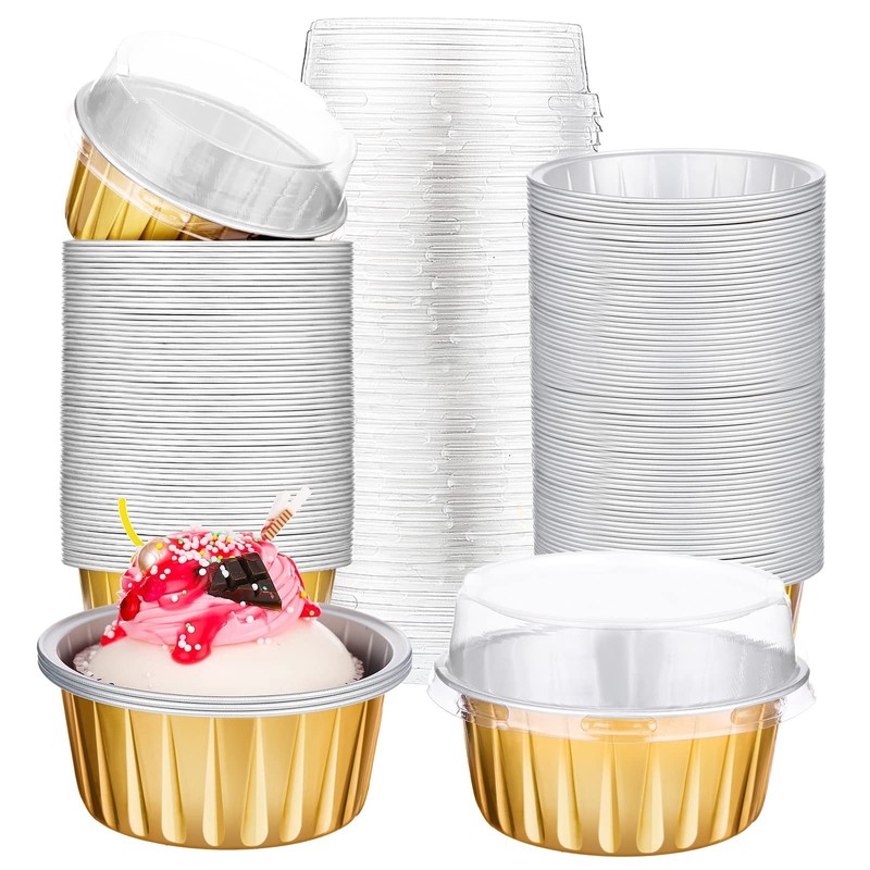 200 Pack Aluminum Foil Cupcake Liners with Lids, 5 oz Round Baking Cup, Dispo…