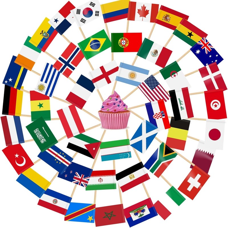 48 Countries World Flag Toothpick Cake Toppers for World Soccer Decorations,