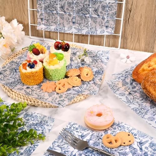 150Pcs Blue Floral Wax Paper for Food Chinoiserie Blue White Flower Decorative gallery