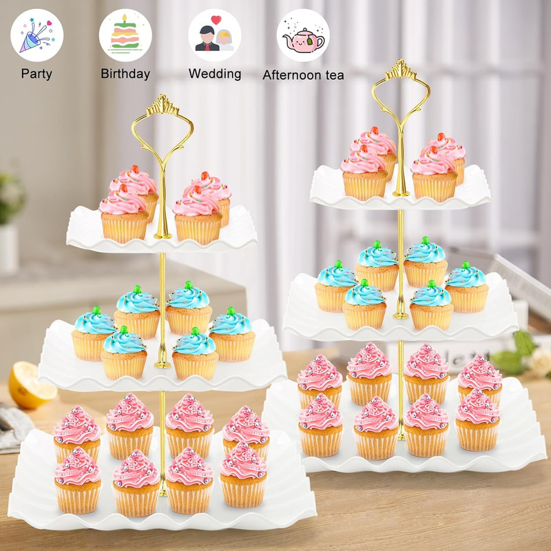3 Tier Cupcake Stand, Plastic Tiered Serving Stand, Square Dessert Tray for Tea gallery