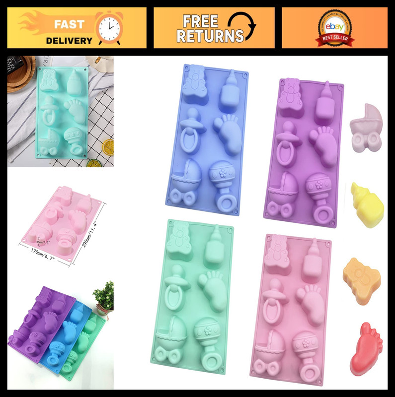 4 Pcs Baby Shower Silicone Molds – Bear, Pacifier, Feet, Bottle & Carriage for C