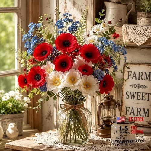 12 Pcs Memorial Day Artificial Flowers Red Blue White 4th of July Flower