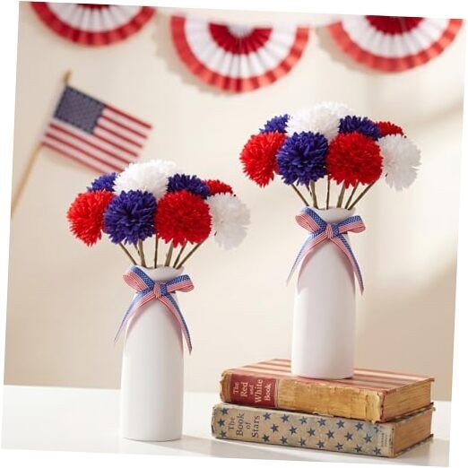 4th of July Decorations 2 Sets Artificial Flowers and Vase Red Chrysanthemum