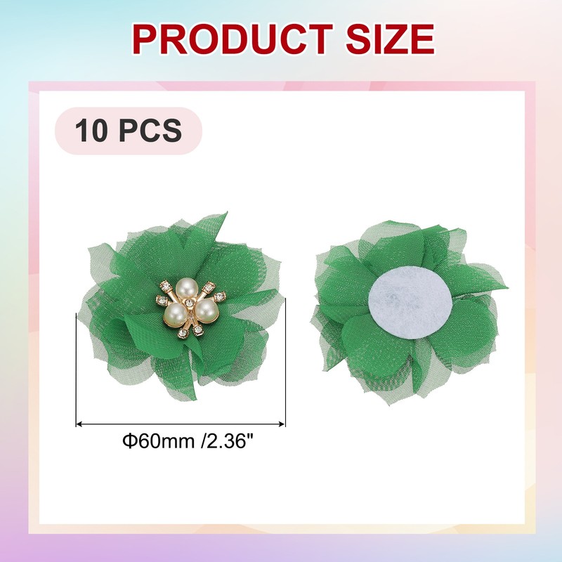 10Pcs 2.36 Inch Rhinestone Chiffon Flower Fabric Appliques Green gallery