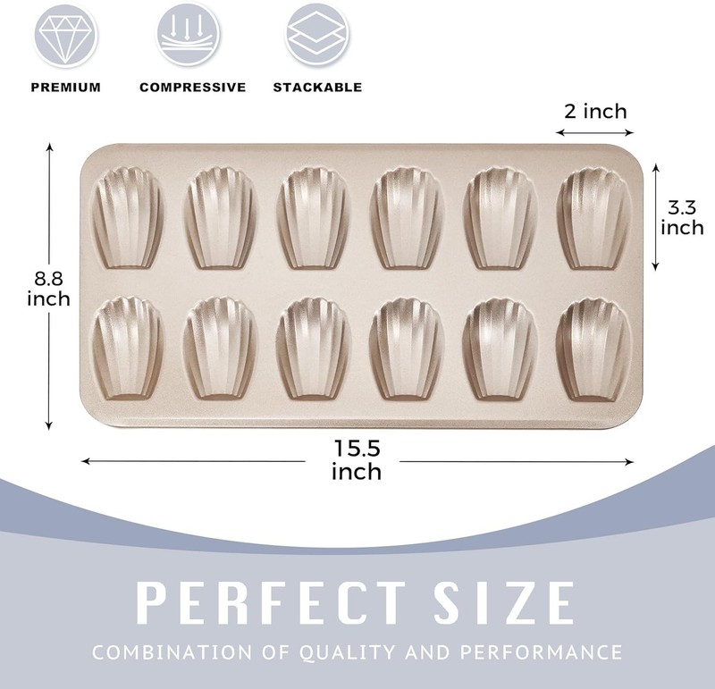HONGBAKE Nonstick Madeleine Pan 2 Pack 12-Cavity Heavy 2 pack, Champagne Gold gallery