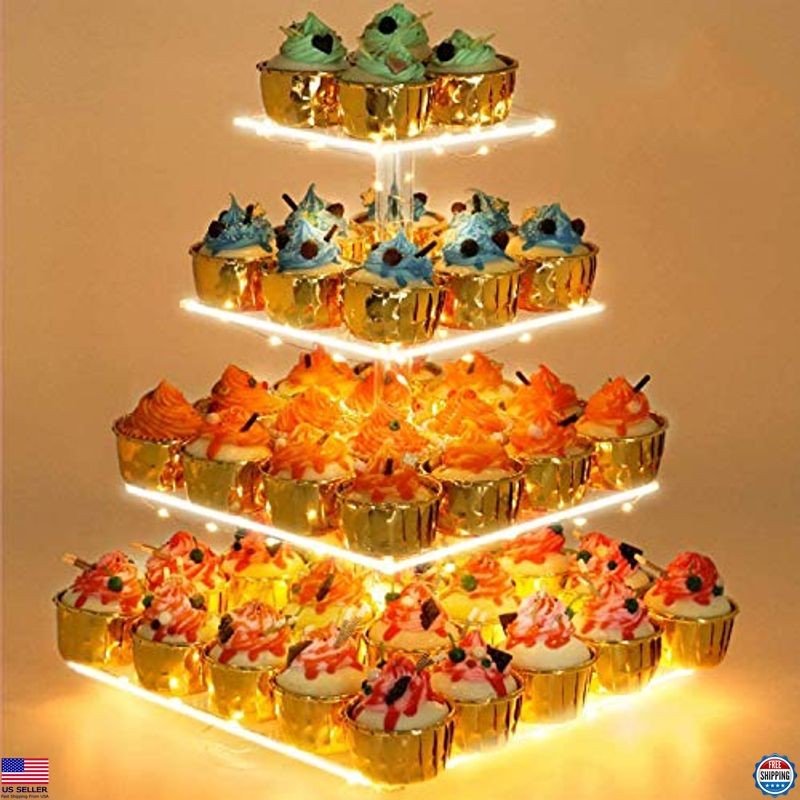 4 Tier Acrylic Cupcake Stand with LED Light – Dessert Display for Parties &