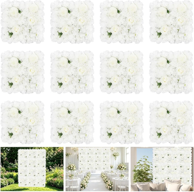 12 Pa Artificial Flower Wall Panels for Decorat, 38x38cm White Dahlia