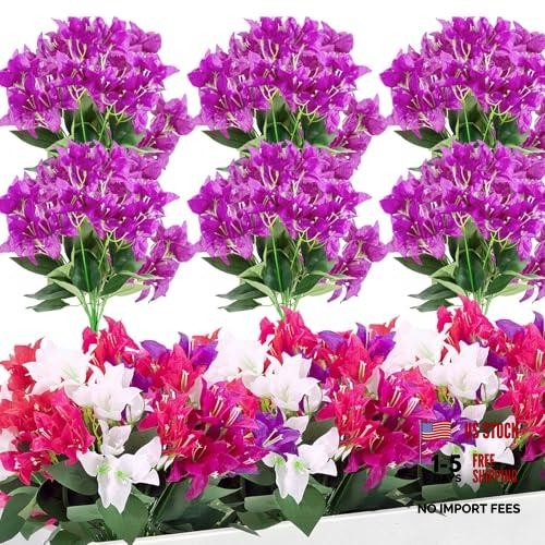 6 Purple Blue Artificial Flowers for Outdoors – Faux Bougainvillea Silk