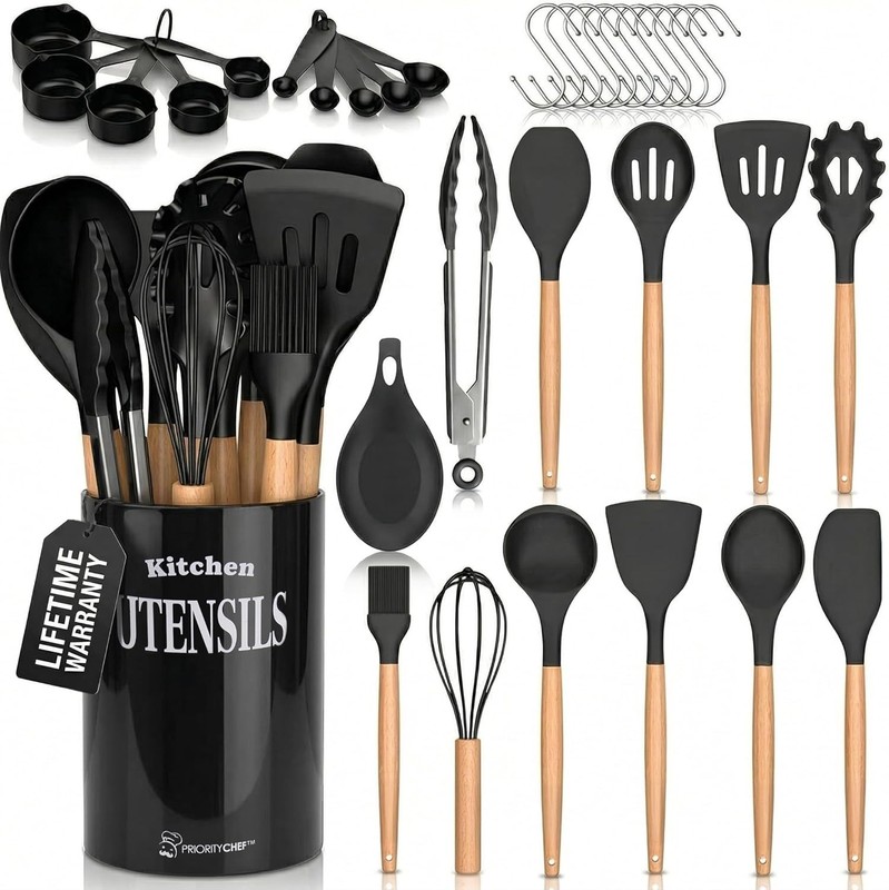 PriorityChef Silicone Cooking Utensil Set with Wooden Handles – Kitchen