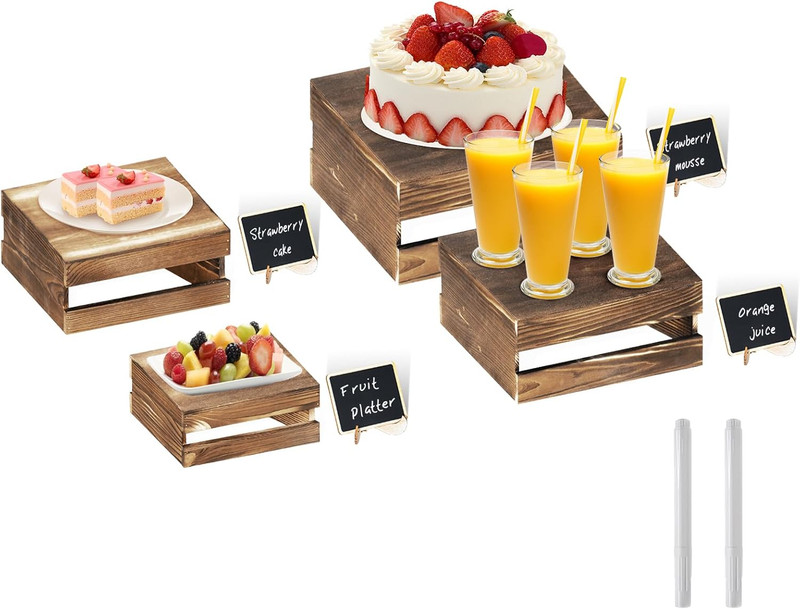 4 Pcs Buffet Risers with Mini Signs, Rustic Wood Cake Stands, Food Risers for Bu