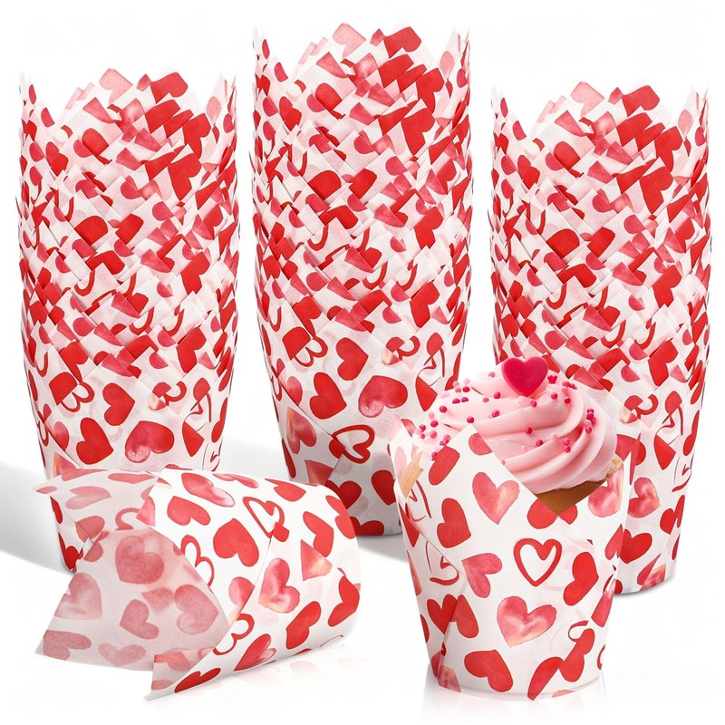 200Pcs Valentine’s Day Tulip Cupcake Liners Muffin Baking Cups Red Pink Heart…