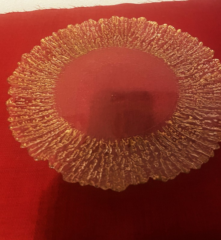 Textured Metalic Gold Glass Scalloped Cake Plate 13″
