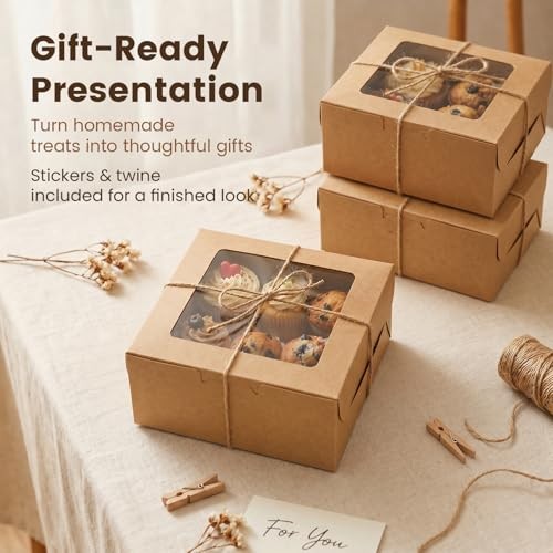 50 Cupcake Boxes with Window, 6x6x3 Inch, Cookie Brown-Sticker A-50pcs gallery