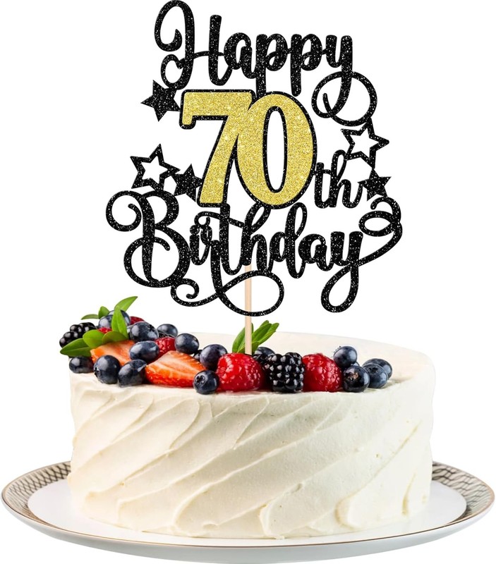 1 PCS Happy 70th Birthday Cake Topper Black Gold Glitter Cheers to 70 Years